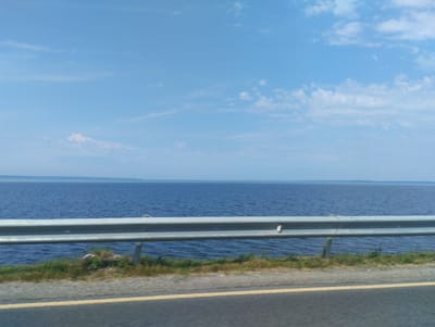 The image depicts a vast, calm blue body of water stretching to the horizon under a clear, pale blue sky with scattered white clouds. In the foreground, a silver metal guardrail runs horizontally across the frame, separating the water from a paved road. The road is visible at the bottom of the image, with a yellow line marking the lane. Green vegetation grows along the edge of the road where it meets the water, interspersed with some rocks. The scene appears to be a roadside view of a large lake or sea, possibly taken from a moving vehicle. The location is identified as Zavolzhye, Russia. There are no people or specific actions depicted in the image.