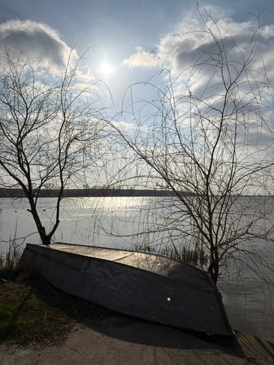 This image depicts an outdoor scene in the city of Utash, Russia, featuring a body of water and foreground elements under a bright, partly cloudy sky. The sun is visible in the upper center-left, creating a strong glare and shimmering reflections across the expansive water surface that dominates the mid-ground. A distant, dark horizon line, likely a far bank or treeline, is visible beyond the water.

In the foreground, an overturned, dark-colored, metallic boat, appearing to be a small, flat-bottomed vessel, rests on a dirt and sparse grass embankment. The boat's hull shows wear and reflects some sunlight. Two deciduous trees, devoid of leaves, frame the scene; one is positioned on the left, and another, with its fine, spindly branches, extends from the right into the center. These trees are silhouetted against the bright sky and water. No individuals are present in the scene.
