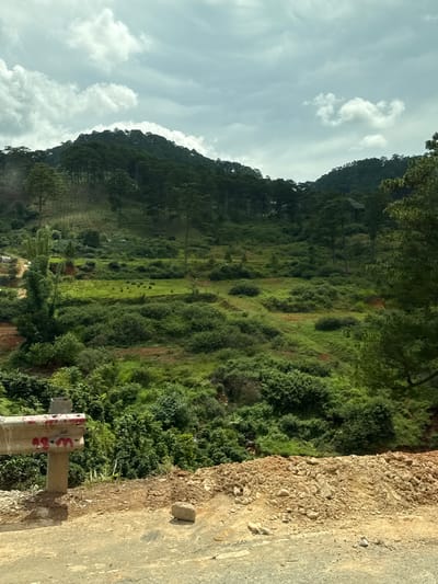The image depicts a mountainous landscape with lush green vegetation and a cloudy sky. In the foreground, a dirt road is visible alongside a concrete barrier with red markings. The barrier is weathered and appears to be part of road infrastructure. Beyond the road, the terrain slopes upward, covered in a dense mix of trees and shrubs. Some areas show patches of reddish-brown soil, possibly indicating terraced farming or construction. The midground features rolling hills with a mosaic of green fields and scattered trees. In the background, a large, densely forested mountain range dominates the horizon, its peak partially obscured by clouds. The overall impression is of a rural, natural environment, likely in a hilly or mountainous region. The scene is static, with no visible people or animals.