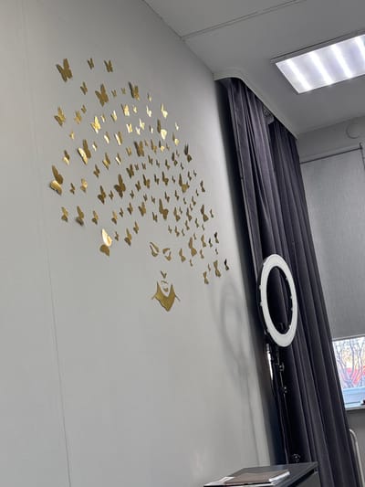 This indoor photograph, taken in Gamovo, Russia, captures a room featuring a decorated wall and lighting equipment. A light-colored wall on the left displays an extensive decal installation. This installation consists of numerous gold-colored, reflective butterfly-shaped decals arranged to form the upper portion of a woman's silhouette, with the butterflies representing her hair. The face, neck, and upper shoulder are depicted by solid gold-colored cut-outs, oriented to the left. To the right, dark grey curtains hang vertically, partially obscuring a window that reveals an outdoor scene with leafless trees and a red-roofed structure under natural light. Positioned in front of the curtains is an illuminated circular LED ring light mounted on a black, adjustable tripod stand. Below the ring light, a dark-colored surface, possibly a table or cart, supports stacked items resembling books or magazines. The white ceiling above features a rectangular fluorescent light fixture. No individuals are present in the scene.