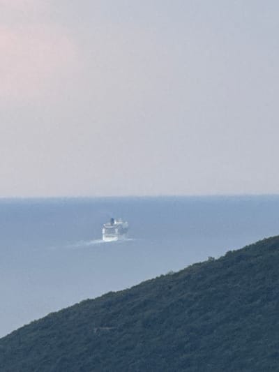 The image depicts a distant view of a small white boat on a body of water, likely a bay or a fjord, given the presence of a steep, densely forested mountainside on the right side of the frame. The water is calm, reflecting the light, and a faint wake trails behind the boat, indicating it is in motion. The sky is overcast and appears hazy, casting a soft, diffused light over the scene. The overall atmosphere is serene and tranquil. The mountainside dominates the right half of the image, its dark green foliage contrasting with the pale blue of the water and the lighter, muted tones of the sky on the left. The boat, though small and distant, is clearly visible as a distinct white object on the water. No people are discernable on the boat, and there is no visible text in the image. The scene suggests a natural, undeveloped landscape.