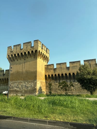 The image shows a section of the medieval city walls of Avignon, France, with a prominent tower on the left. The walls are constructed of large, light-colored stone blocks, weathered and showing signs of age. The top of the wall features crenellations, characteristic of fortifications. Below the crenellations, there is a decorative frieze with a series of arched openings. The tower is taller and more substantial than the wall, also made of stone blocks and topped with crenellations. A few small trees and a larger, dense green tree are visible behind the wall on the right side of the image. In the foreground, there is a strip of lush green grass and a paved area, likely a sidewalk, with a dark curb and asphalt road in the very bottom. The sky is a clear, bright blue, suggesting a sunny day. There are no people visible in the image.