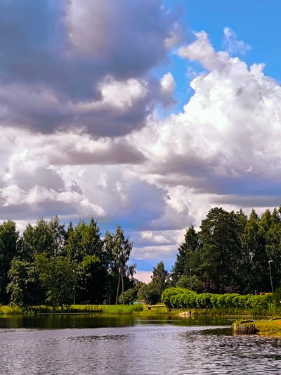 The image captures a serene natural landscape on a partly cloudy day, likely in Vecumnieki, Latvia. A body of calm water dominates the foreground, reflecting the sky and surrounding greenery. The middle ground features a lush line of trees, with dense foliage in various shades of green, interspersed with some taller, thinner trees. Behind the trees, hints of grassy slopes and structures like utility poles and perhaps some lighting fixtures are visible. The sky above is a dramatic canvas of white and gray clouds against a vibrant blue expanse. The overall impression is one of a tranquil, wooded lakeside environment.