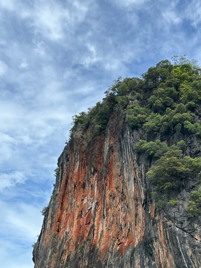 The image depicts a towering limestone cliff face, characteristic of the karst landscapes found in the Phang Nga Bay region near Krasom, Thailand. The cliff is steep and rugged, with varied textures and colors. Large sections of the rock are dark gray, interspersed with dramatic streaks and patches of reddish-orange mineral deposits, likely iron oxides, that stain the surface. These mineral stains run vertically down the cliff face in places, creating a striking visual effect. The top of the cliff is covered in lush, green vegetation, including trees and smaller plants, clinging to the rock and creating a dense canopy in some areas. The foliage is vibrant and healthy, contrasting with the starkness of the rock.
The cliff rises sharply from an unseen base, with its peak disappearing into the sky. The sky above is partly cloudy, with large expanses of blue sky visible between formations of white, wispy clouds. The light suggests it is daytime, likely mid-morning or afternoon, with the sun illuminating the scene from an angle that casts subtle shadows on the rock face. There are no people or man-made structures visible in the frame, emphasizing the natural and wild aspect of the environment. The overall impression is one of natural grandeur and the raw beauty of geological formations sculpted by time and the elements.