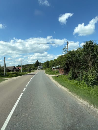 A paved road with a white dashed line runs through a rural landscape under a blue sky with scattered white clouds. On the left side of the road, there are several rustic wooden houses with dark roofs, surrounded by greenery and utility poles with wires. Further down the road on the left, a power pole with wires is visible. On the right side of the road, there is a dense line of green trees and bushes, with a glimpse of a corrugated metal roof and a brown gate behind them. In the distance, more trees and houses are visible. The scene appears to be a village in Ukraine, likely in the Dubrovytsia region, given the architectural style and vegetation. The lighting suggests it is daytime.