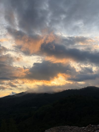 This vertical image captures a dramatic mountainous landscape under a dynamic sky, likely at sunrise or sunset in Gradačka Poljana, Montenegro.

The left two-thirds of the frame are dominated by a cloudy sky. On the far left, the clouds are a soft, muted grey, becoming darker and more textured towards the center. The middle section of the sky is illuminated by warm, golden, and orange light, which breaks through gaps in the clouds and highlights their edges, creating vertical streaks of brightness against the darker cloud masses. Some parts of the clouds also show bright white illumination.

The right side of the image features a dark, silhouetted mountain range, heavily covered in dense evergreen forest. The ridgeline of the mountain runs roughly from the top right downwards towards the bottom left, meeting the illuminated sky. A faint haze or mist appears to cling to the base of the mountain range towards the bottom.

In the extreme top-right corner, a small, out-of-focus section of rocky or gravelly ground is visible, suggesting the viewpoint is from a path or road adjacent to the mountains.

The striking contrast between the dark, forested mountains and the brilliantly lit, warm-toned clouds indicates either a sunrise or sunset, creating a powerful and atmospheric scene. There is no visible text in the image.