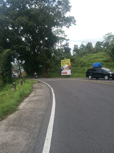 This image depicts a two-lane asphalt road curving gently to the right, observed under an overcast sky in the city of Niz Lakuk, India. The left edge of the road is delineated by a solid white line, adjacent to a grey concrete path bordered by green grass and three light-colored wooden posts. A large, dark-leaved tree with ferns on its trunk dominates the left midground, with additional dense green foliage and distant structures visible behind it. A person wearing a light-colored helmet and dark jacket is riding a scooter away from the viewer on the left lane, with a white vehicle partially visible further down the road. The road's center is marked by double yellow lines. On the right lane, a black SUV with a blue tarp-covered item secured to its roof rack is traveling from right to left across the frame. To the right of the road, a yellow banner-style advertisement sign, supported by poles, features an animated figure in a red cap and green shirt serving food, with the text "OZIKO" at the top. The background consists of a vegetated embankment and dense green trees.