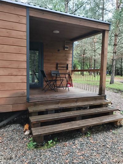 The image shows the exterior of a small, wooden cabin located in Катунь, Russia. The cabin has a covered porch with a wooden deck and steps leading down to a gravel ground. On the porch, there is a small table and two chairs, as well as a broom and dustpan leaning against the wall. The cabin itself is constructed from horizontal wooden planks and has a dark-colored door with a glass panel. In the background, a forest of pine trees is visible under a cloudy sky. The overall scene suggests a rustic and somewhat overcast environment.