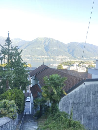 This is a high-angle, eye-level, full, outdoor shot looking down a stone staircase surrounded by lush greenery, leading to a street where a white car is parked. The scene overlooks a body of water with a distant town nestled at the base of verdant mountains under a bright, clear sky, suggesting a sunny day. The architecture visible includes tiled roofs and weathered concrete walls, with palm trees and other foliage adding a tropical feel to the environment. The overall impression is one of a serene, picturesque landscape, possibly in a Mediterranean or alpine region, given the presence of mountains and a lake. The time of day appears to be late afternoon or early evening, judging by the soft lighting and the absence of harsh shadows. No people are visible in the frame, and no text is present. The location context provided is Muralto, Switzerland, which aligns with the visual cues of mountains and a lake.