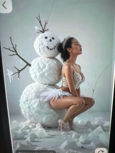 This is a studio photograph. A woman wearing a white lace bralette and a fluffy white skirt is posed next to a three-tiered snowman. The snowman has twig arms, a carrot nose (not visible), and a smiling face made of dark dots. The woman is wearing a tiara and white high-heeled shoes with lace accents. The ground around the snowman and woman is covered in broken pieces of ice or snow. The background is a plain, light-colored wall. There is no indication of the location being Kara-Dıykan, Kyrgyzstan; it appears to be a set designed for a photoshoot.