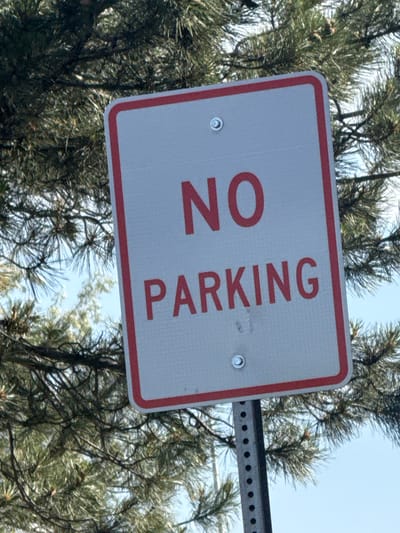 A no parking sign is mounted on a metal pole in front of a pine tree and a light blue sky. The sign is white with a red border and red text that reads "NO PARKING." The sign is attached to the pole with two silver bolts. The pole has a series of holes for adjustable mounting. The pine tree has green needles and brown branches. The sky is clear and bright. The image appears to be taken from a low angle, looking up at the sign.