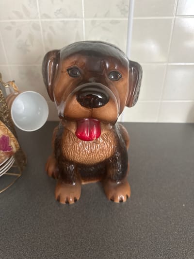 A ceramic dog figurine with brown and black coloring sits on a dark gray countertop, its red tongue sticking out. Behind the figurine, a tiled wall with a subtle floral pattern is visible. To the left of the dog, a white teacup is placed inside a decorative gold rack. The background is out of focus. There is no information about the location in the city of Yazykova Pyatina, Russia.