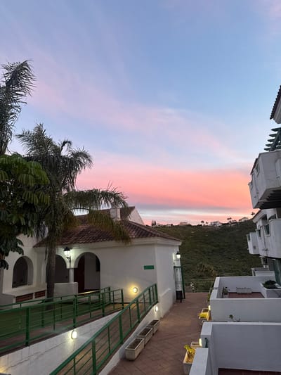 The image shows a street scene in Alcorrín, Spain, during a sunset or twilight. The sky is a blend of pink and blue hues. Buildings line the street, predominantly white with green accents. A palm tree is visible in the foreground, partially obscuring one of the buildings. Streetlights are on, suggesting low light conditions. The street is paved with brick. A hillside with sparse vegetation is visible in the distance. There are no people visible.