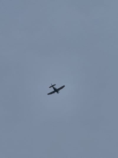 A single, dark-colored propeller-driven aircraft is captured in flight against a uniform light blue-grey sky over the city of Naaldwijk, Netherlands. The aircraft is positioned in the upper center of the frame, viewed from below and behind, angled upwards and towards the right, indicating a climbing or banking maneuver. Its silhouette reveals wings, a fuselage, and a distinct tail section. No other subjects, objects, or terrestrial features are visible within the frame.