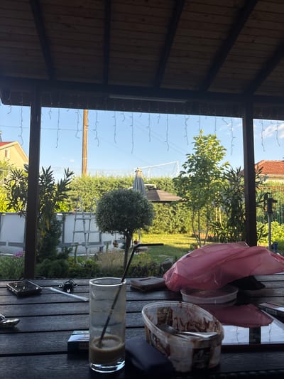 The image captures a view from a covered wooden porch looking out onto a backyard. The porch has a wooden roof with visible beams and is adorned with a string of small, white lights. On the dark wooden table in the foreground, several objects are scattered: a nearly empty glass with a straw, a pack of cigarettes, a mobile phone, and a pink plastic bag with a white lid nearby, along with a plastic container that appears to have contained a chocolate dessert.
The backyard scene beyond the porch is lush and green. Several trees and bushes are visible, including a well-maintained spherical bush. In the background, a large white water tank with a ladder is situated in the yard, partially obscured by foliage. Further in the distance, a red-tiled roof of a house is visible, suggesting a residential setting. The sky is clear and blue, indicating it is daytime. The overall impression is a relaxed outdoor setting, possibly a garden or patio. No people are visible in the frame. There are no clear indications of a specific event or strong emotions. The location cues (Viden, Bulgaria) suggest an outdoor setting in a European country.
