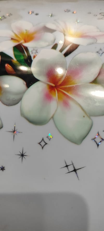 The image shows a close-up of white plumeria flowers with pink and yellow centers, set against a white background. Scattered around the flowers are small, holographic star-shaped embellishments. The overall aesthetic is decorative and possibly from a surface like a plate or packaging. The location in Лёзненскі сельскі Савет, Belarus, is not inferable from the image.
