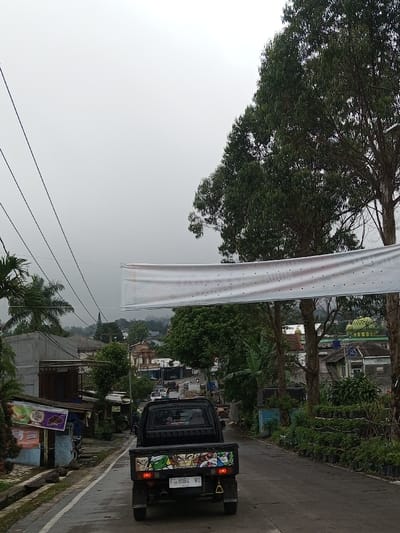 The image displays an overcast daytime scene on a wet, paved road in Ambakirano, Madagascar. A black pickup truck, featuring colorful cartoon character decals on its tailgate and a license plate reading "F 8084 WU", occupies the center foreground as it moves away from the viewer. A large, light-colored banner with indecipherable text is stretched horizontally across the upper mid-ground, fastened to tall trees with dense green foliage on the right side of the road. On the left, electrical power lines span the upper frame, above a roadside stall with a purple sign advertising "JUARA" and "CHOCO" products, flanked by palm trees. The road slopes downhill, revealing various buildings in the distance, including one with a prominent spire-like structure and another with green domes. Other vehicles are visible further down the road, which is bordered by plants in black bags on the right. Distant hills are faintly visible through the overcast conditions in the background.
