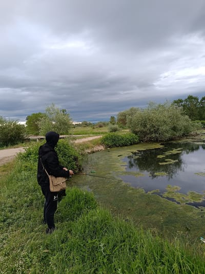 A person wearing a black hooded jacket and black pants with an Under Armour logo is fishing in a body of water. The person has a tan-colored messenger bag slung over their shoulder and is holding a fishing rod. The water is covered with green algae or vegetation. The surrounding area includes grassy banks, bushes, and trees. In the background, there is a path, more vegetation, and a cloudy sky. The scene appears to be outdoors, potentially in a park or natural area. The location is Zlokuchene, Bulgaria.