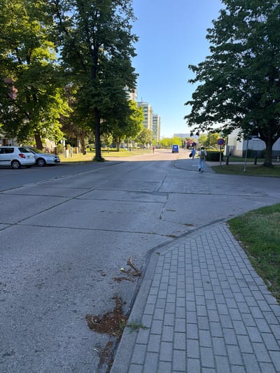 The image shows a sidewalk and street in Schwedt/Oder, Germany. Two people are walking on the sidewalk, one behind the other, both facing away from the camera. The person in front is wearing a light-colored outfit and carrying a backpack. The second person is wearing a blue shirt and dark pants. The sidewalk is paved with gray rectangular stones and bordered by a strip of grass. Next to the sidewalk is a paved street with two white cars parked on the side. The street is lined with trees on the left, casting shadows on the pavement. In the background, there are buildings and more trees. The sky is clear and blue, suggesting a sunny day. The time of day appears to be late afternoon, judging by the angle of the shadows. The scene conveys a sense of everyday urban life. There is a blue sign with white text and symbols on the sidewalk, but the text is illegible. There is also a circular red and blue traffic sign visible on a pole in the distance.