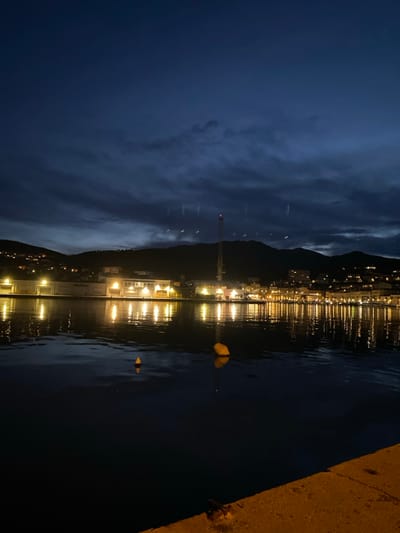 A nighttime view of a harbor or fjord. Buildings and streetlights illuminate the shoreline, reflected in the dark water. Two yellow buoys float on the surface, also reflecting light. Dark clouds fill the sky above the mountains that form the backdrop. A concrete pier or wall occupies the right edge of the image.