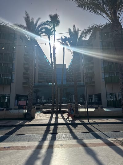 A bright, sun-drenched outdoor scene features the facade of the Hotel Gran Albir in l'Alfàs del Pi, Spain. The hotel is a multi-story building with a modern, angular design, featuring numerous balconies and glass elements. Several tall palm trees are prominently positioned in the foreground, their fronds casting long shadows across the paved walkway and road. The sun is positioned high in the sky, creating lens flare and light streaks that emanate from its glare. Two individuals, a man and a woman, are walking across the walkway in the mid-ground, silhouetted against the bright light and casting faint shadows. One person appears to be carrying a bag. The overall atmosphere is one of a sunny day in a resort town.
