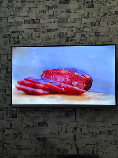 The image displays a close-up view of what appears to be a medical procedure or a biological sample on a screen. The screen is set against a backdrop of patterned wallpaper. The wallpaper has a geometric design with varying shades of gray, creating a textured effect.
On the screen, the primary subject is a piece of raw, red tissue, possibly meat or an internal organ, with some blue and white elements visible. The tissue has a rough, fibrous texture. The lighting on the screen is bright, highlighting the details of the tissue. The screen itself is a flat-panel display with a black bezel.
To the right of the screen, a black cable runs horizontally across the wallpaper, attached with what looks like a purple cable tie. The overall setting appears to be indoors, likely a room in a house, given the wallpaper. There are no people visible in the frame. The image is taken from a slightly angled perspective, showing the screen and its immediate surroundings. The time of day and weather conditions are not discernible from the image. No visible text is present on the screen or the surrounding elements. The context provided suggests the location is Tarasovsky, Russia.