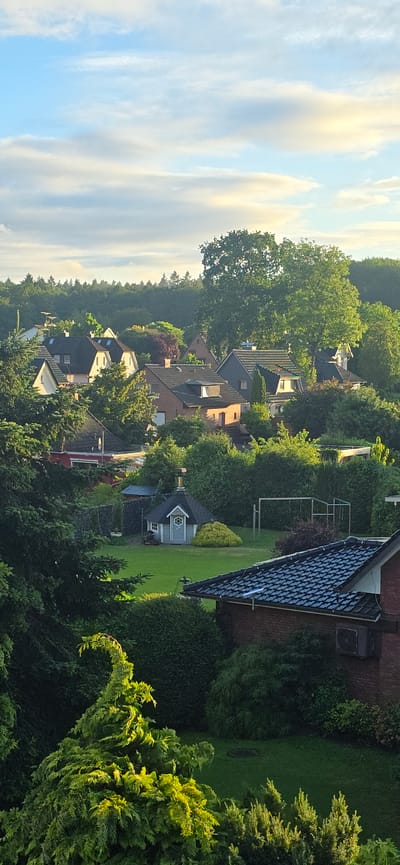 The image depicts a suburban residential area in Seevetal, Germany, with a view of houses nestled among lush greenery. The sky is partly cloudy, with hints of yellow and orange light suggesting either sunrise or sunset.
In the foreground, a vibrant green, conifer tree with upward-sweeping branches is illuminated by the sun, creating a dramatic silhouette. Beyond this tree, several houses with dark tiled roofs are visible, interspersed with dense foliage. One house in the mid-ground, constructed of red brick, has a dark tiled roof and an air conditioning unit mounted on its exterior wall.
Further into the scene, a quaint, hexagonal garden house with a dark roof, a chimney, and a decorative circular window is situated on a well-maintained green lawn. This structure is surrounded by manicured hedges and a yellow, rounded shrub. Adjacent to the garden house, a frame, possibly for a swing set or sports equipment, stands on the grass.
The background is dominated by a dense forest of mature trees, forming a natural boundary to the residential area. The overall impression is one of a tranquil, verdant, and well-established neighborhood. No people are visible in the image, and no specific actions or interactions are depicted.