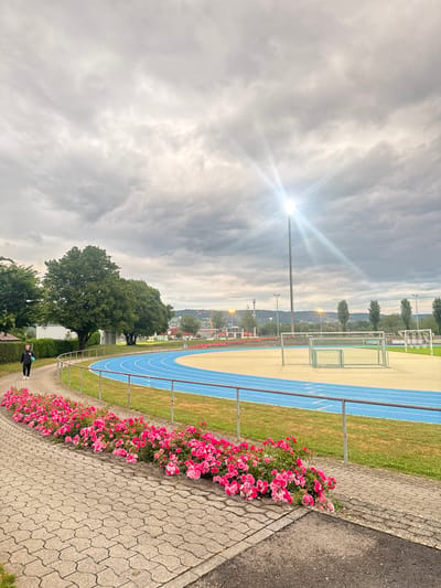 The image shows a running track with blue lanes and a yellow field in the city of Brugg, Switzerland. A person is walking on a paved path lined with pink flowers. There are trees and buildings in the background, as well as a soccer goal. The sky is cloudy with a bright light shining from a tall pole.
