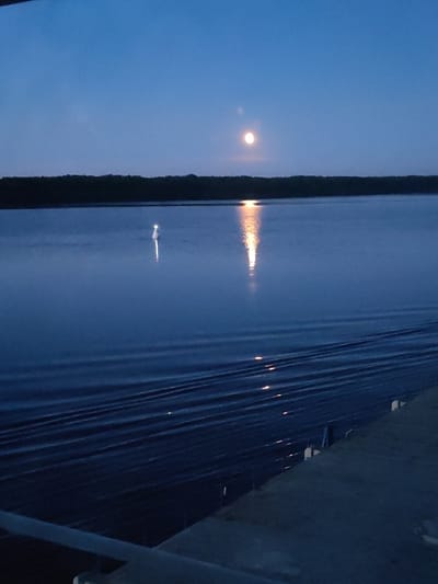 The image displays a nocturnal or crepuscular scene over a large body of water, identified as being in Khoroshevo, Russia. A bright, spherical moon is centrally positioned in the dark blue sky, generating a prominent, elongated reflection of yellow-orange light on the water below. To the left of the moon's reflection, a slender, white, vertical object, consistent with a navigational buoy or marker, is visible, featuring an illuminated top that also casts a distinct reflection on the water's surface. A dark, indistinct landmass, likely a treeline or distant shore, stretches across the horizon, separating the sky from the expansive water. The foreground water exhibits subtle ripples or waves, with fragmented glints of light visible on their surfaces. In the bottom-right corner, a dark, angled architectural structure, possibly part of a deck, pier, or bridge, with visible vertical posts, suggests the vantage point of the photograph. No people are discernible within the scene.