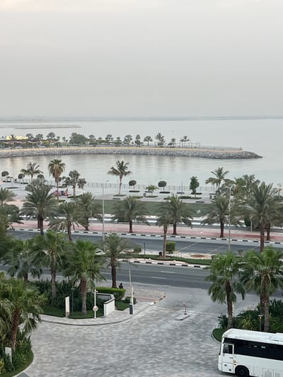 The image depicts a serene coastal scene in Ras Al-Khaimah, United Arab Emirates. The orientation of the photo is vertical. On the left, a calm body of water meets a man-made pier constructed from large stones, lined with decorative lights. The pier extends into the distance, flanked by a promenade or walkway. This area is dotted with palm trees, some of which are quite tall and mature, while others are smaller and more manicured.
To the right of the water and promenade, a paved road runs parallel to the coastline. The road is bordered by a distinct black and white striped curb and a strip of greenery, primarily composed of more palm trees and shrubs. The paving stones on the right side of the image form a patterned walkway.
A prominent white bus with black tinted windows is parked on the right side of the road, near a cluster of palm trees and landscaped bushes. Its door is open, suggesting a possible stop or pick-up point. The overall atmosphere is peaceful and tranquil, with the overcast sky indicating either early morning or late afternoon, or possibly a day with diffused light. The presence of palm trees and the clear, calm water are strong indicators of a warm, possibly tropical or sub-tropical coastal environment. There is no visible text in the image. The scene suggests a public space designed for leisure and transport, likely a tourist area or a well-maintained urban waterfront.