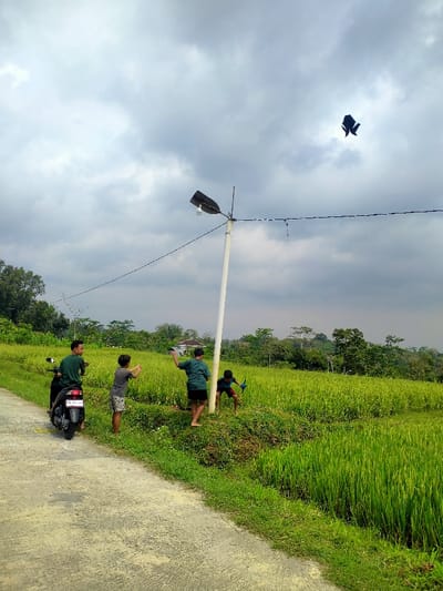Four boys are standing on a grassy verge next to a paved road, with a lush green rice paddy field behind them. One boy is seated on a parked black scooter. Another boy holds an object, seemingly launching it. A street light stands nearby. A kite floats high in the cloudy sky. The scene exudes a casual, rural atmosphere.