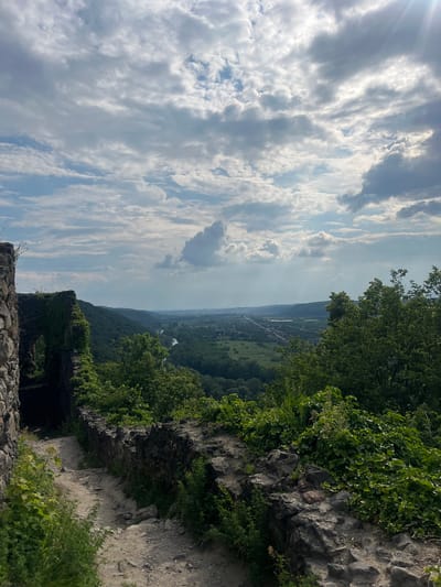 The image presents a panoramic view of a scenic valley and sky from a high vantage point, likely a historical ruin, in Kamianytsia, Ukraine. No people are visible in the frame.
In the foreground on the right, the remnants of ancient stone structures are visible, heavily overgrown with vibrant green ivy and other lush foliage. The ground around these ruins is rocky and covered with various plants. A rustic dirt path or trail winds along the edge of these structures, suggesting a walking route.
The midground reveals a vast, verdant landscape stretching into the horizon. Dense green forests cover rolling hills, interspersed with open fields and what appears to be a scattered settlement or village in the distance. A winding river and a road can be discerned running through the valley, adding to the sense of a populated, yet serene, environment.
The background is dominated by a dynamic sky. Large, textured clouds, a mix of bright white and darker grey, fill the upper portion of the frame, with patches of clear blue sky visible between them. Sunlight breaks through the clouds in several places, creating visible crepuscular rays that add depth and a dramatic effect to the atmosphere.
The time of day appears to be daytime, likely late morning or afternoon, indicated by the bright light and the angle of the sunbeams. The weather is partly cloudy, suggesting a pleasant day. The scene evokes a sense of historical grandeur and natural beauty. There is no visible text in the image.