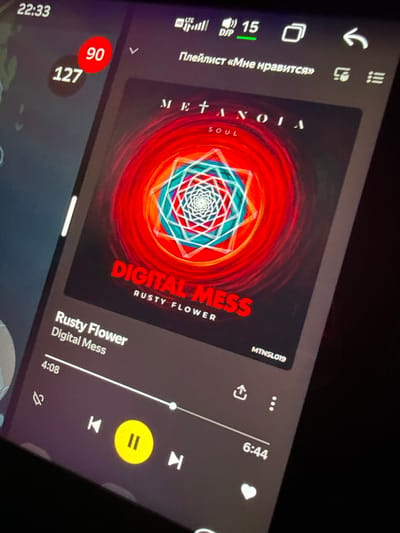 The image shows a phone screen displaying music from the app YouTube Music. The song playing is "Rusty Flower" by Digital Mess from the album "Metanoia Soul." The album art features a red and black design with a geometric pattern. The song is 4:08 minutes into a 6:44 minute total time. The playlist is called "Мне нравится" with 90 likes. The time is 22:33. It is unknown if the location in Mamadysh, Russia, is relevant.