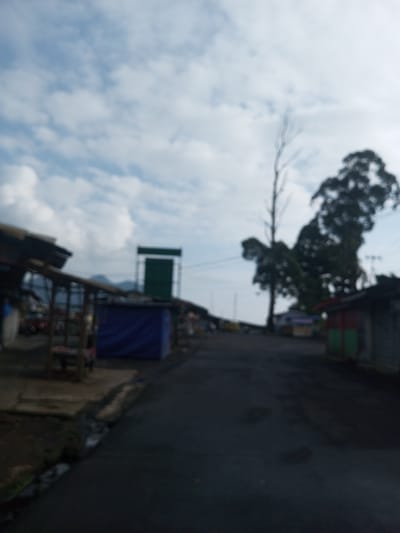 The image is blurry and lacks clear definition. It appears to be a street scene in Mya Sit Kaing Ywar Thit, Myanmar. There's a paved road stretching into the distance, flanked by simple structures that may be stalls or shops. A mix of trees, including one that is largely bare, lines the right side of the road. The sky is overcast with clouds.