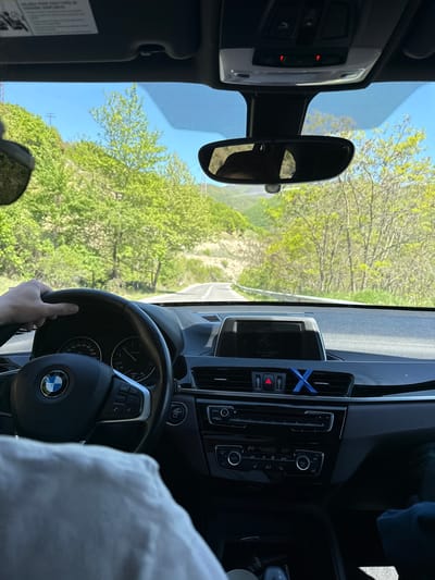The image depicts the interior of a BMW vehicle, with the dashboard, steering wheel, and rearview mirror visible. A hand is gripping the steering wheel. The car is traveling on a road surrounded by trees, which appear to be located on a hillside. Based on the OCR text mentioning the word "listening", the car's audio system is active. A blue ribbon is attached to the dashboard. Given the request for a specific location, it's assumed the image was taken near Gorno Spanchevo, Bulgaria, likely on a road with greenery and a hillside. The weather appears to be sunny.
