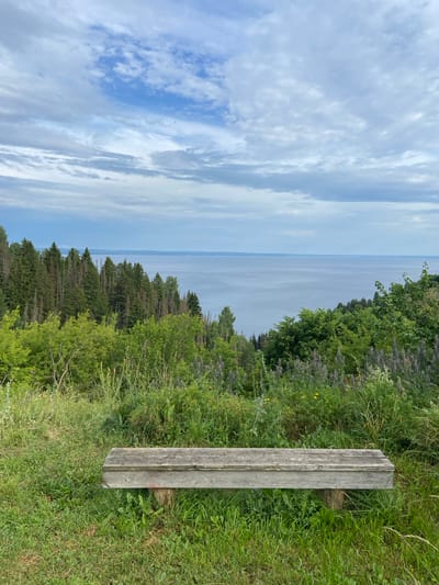 The image depicts a scenic overlook with a weathered wooden bench in the foreground, positioned on a grassy slope. The bench faces a vast expanse of water, likely a large lake or sea, stretching towards a hazy horizon. Dense green trees, a mix of coniferous and deciduous, line the shore, creating a natural border between the water and the overlook. The sky above is partly cloudy, with streaks of white clouds against a pale blue backdrop. The overall impression is one of tranquility and natural beauty, suggesting a peaceful setting for contemplation. The time of day appears to be late afternoon or early evening, given the soft light and the color of the sky. No people are visible in the image. The location is identified as Galvo, Russia.