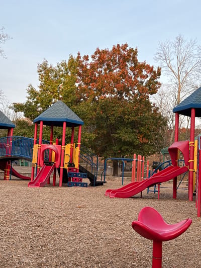 A playground features red, blue, and yellow structures with slides and climbing areas. The playground surface is covered in wood chips. Trees with autumn foliage are visible in the background, contrasting with the clear sky. A red spring rider is positioned to the side, adding to the playground's array of equipment.
