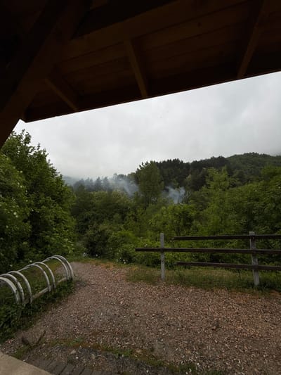 The image shows a view from under a wooden structure, possibly a shelter or gazebo, with the landscape visible beyond. A path composed of small stones or gravel is visible to the right. A simple metal fence or barrier is present near the path. In the distance, there is a forest area with trees. Smoke can be seen rising from within the forest. The sky is overcast. Based on the provided information, the location is Ljevoša - Lëvoshë, Kosovo.