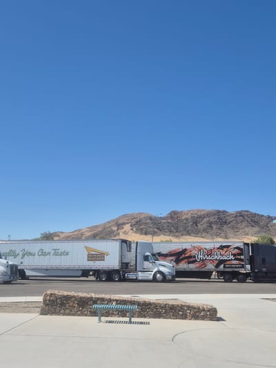 The image shows two parked semi-trucks on a paved road in the city of Midway, United States. The truck on the left has a white trailer with the "In-N-Out Burger" logo and the text "Quality You Can Taste." The truck on the right has a silver trailer with the "Hirschbach" logo and the text "WHAT'S YOUR DRIVE?". In the background is a brown, rocky mountain and a clear, blue sky. The pavement is a light-grey color and to the right is a rock wall with a blue bench.