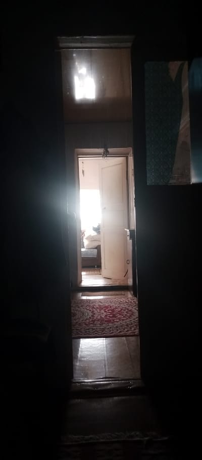 The image depicts a dimly lit interior, possibly a hallway or entryway, looking into another room through an open doorway. The foreground is dominated by darkness, with a faint glint of light reflecting off a surface. Directly ahead, through the open door, a brightly lit room is visible. The light source appears to be a window or a strong artificial light, casting a white glow that obscures details within the room.

Inside the lit room, a white door is ajar, revealing a glimpse of furniture and possibly bedding, suggesting it's a bedroom or living space. A patterned rug, predominantly red and beige, is visible on the floor in the hallway, leading towards the open doorway. Another smaller rug is placed in front of the doorway. Decorative items, possibly wind chimes or similar hanging ornaments, are suspended from the top of the doorway. The walls appear to be paneled or painted in a light color, and some texture is visible. The overall impression is one of a residential interior, possibly in an older building, with a strong contrast between the dark entryway and the brightly illuminated room beyond. The location in Marinoovka, Kazakhstan, is not discernible from the visual elements of the image itself.