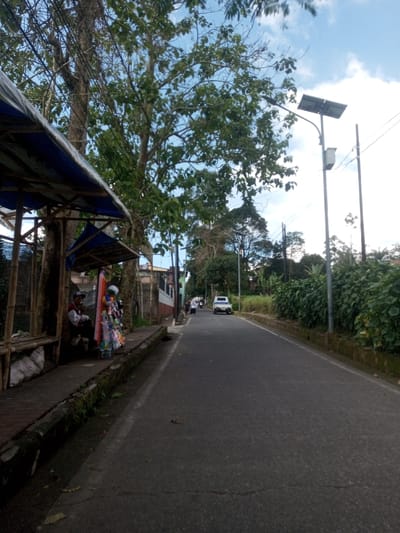 This image depicts a daytime street scene in Naung Bo Oe, Myanmar, viewed from a low angle looking up an ascending asphalt road. On the left, a concrete sidewalk borders the road, leading to a makeshift vendor stall constructed from bamboo poles and a blue tarp roof, positioned against a large tree trunk. A person, appearing male, is seated under this shelter, wearing a hat and light-colored clothing. Adjacent to the seated individual, various colorful packaged goods are displayed for sale on a vertical stand. A white sack rests on the ground next to the person. Further along the left side, buildings with varying wall colors are visible. Overhead, power lines traverse between trees.

The asphalt road, showing minor cracks, occupies the central and right foreground, curving slightly to the left as it ascends into the distance. On the right side of the road, a concrete curb separates the pavement from an elevated bank covered in dense green foliage. A tall utility pole with a solar panel mounted at its top and a street lamp fixture extends over the road. Another utility pole stands behind it. Further up the road, a white pickup truck is visible, either parked or moving slowly. Two additional individuals are seen walking on the left side of the road in the mid-ground. The sky above is blue with scattered white clouds, and dense green trees and foliage line the road, suggesting a verdant environment with distant elevated terrain.