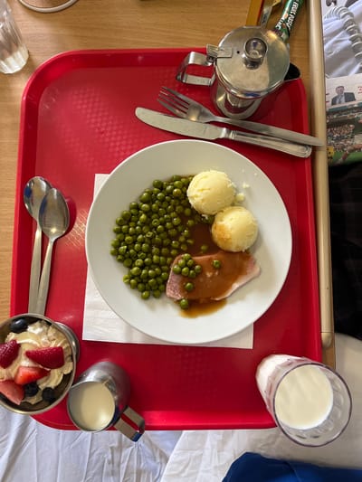 This is a top-down, eye-level, close-up, medium shot of a hospital meal tray placed on a red plastic tray. The meal consists of a white plate with mashed potatoes, peas in gravy, and a slice of ham. To the left of the plate, there are two spoons. To the left and bottom of the tray, there is a small metal bowl filled with whipped cream and berries, and a small metal jug containing milk. To the right and bottom of the tray, there is a clear glass filled with milk. In the background, on the right side of the tray, there is a glimpse of a newspaper and a silver teapot. The meal appears to be on a wooden surface, possibly a bedside table in a hospital room. The location is not Tyrrellspass, Ireland, but rather an unspecified hospital.