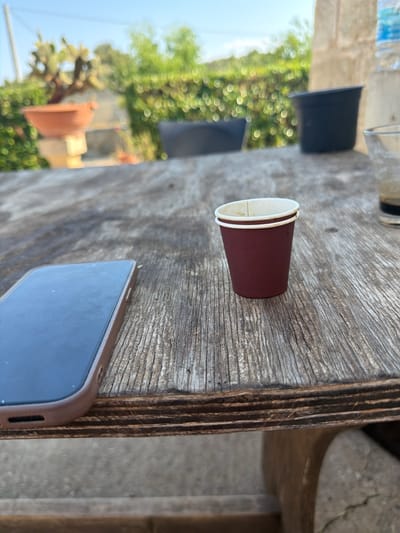 An overhead shot captures a rustic wooden table with several objects placed on it, including two disposable coffee cups and a smartphone. The table surface is weathered and shows prominent wood grain. One of the coffee cups is a rich brown color with a white rim, positioned upright and partially filled. The other cup, a dark black, is partially visible behind the brown one, suggesting it might be a second cup or a container. A smartphone with a brown case is also on the table, its screen facing upwards.

In the background, a blurred scene of greenery and foliage suggests an outdoor setting. The bright, diffused light indicates it is daytime, possibly late morning or afternoon. There are no people visible in the frame. The overall mood is casual and relaxed, hinting at a break or a quiet moment outdoors. The hint images reveal a hint of a plastic bottle with some blue liquid at the very top left of the frame, and the background shows greenery with hints of outdoor structures. The location is specified as Carpignano Salentino, Italy. No visible text is present on the objects or the table.