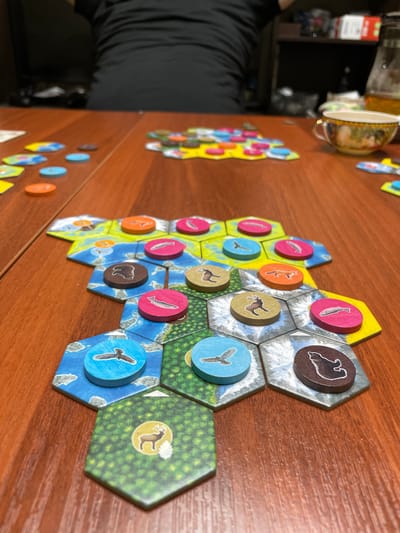 A close-up, eye-level, full shot shows a tabletop board game laid out on a wooden table. The board is comprised of hexagonal tiles, some depicting water and land scenery, others with depictions of animals such as a deer, a fox, a bear, a fish, a bird, and a moose. Scattered across the tiles are round tokens with matching animal icons. In the background, a person wearing a black shirt is blurred, and on the right side of the image, a teacup with an ornate design sits on the table. A clear glass pitcher filled with a light-colored liquid is also visible in the background. The lighting appears to be artificial, casting a warm glow on the scene. The board game is the primary focus of the image, with the other elements serving as background context. The image does not depict any specific location in Novocherkassk, Russia.