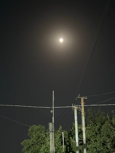 The image shows a night sky with a bright moon, casting a soft glow. In the foreground, several utility poles with wires are visible. One pole, made of wood and metal, is rusty and weathered. Another, made of concrete or metal, is lighter in color. Trees with green foliage are positioned behind the poles, reaching up towards the sky. The scene appears to be in Sabunchu, Azerbaijan, suggested by the presence of typical urban infrastructure and vegetation. The overall atmosphere is calm and serene, despite the presence of man-made structures.