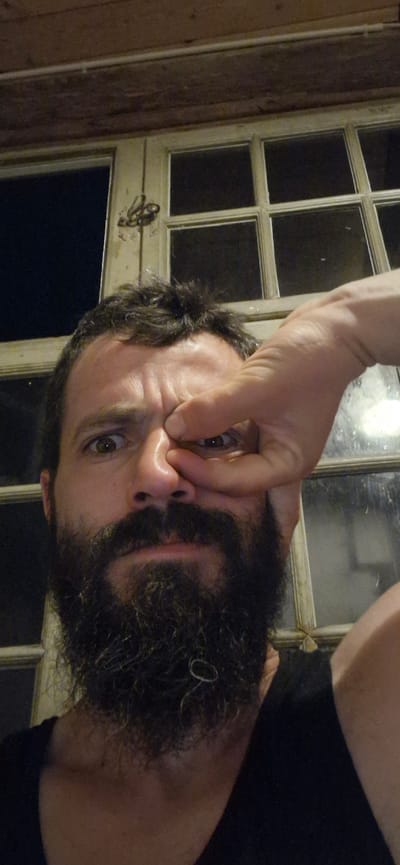 In this close-up, low-angle selfie, a man with a full beard and dark hair is the central subject. His eyes are wide, and his right eye is being poked by the index finger and thumb of a person's hand entering from the right side of the frame. The man appears to be grimacing or expressing discomfort. He is wearing a dark t-shirt. Behind him, a large, multi-paned window with a distressed, possibly antique, wooden frame is visible. The window panes are dark, suggesting it is nighttime or the interior is dimly lit. The ceiling above the window is made of wooden planks. The overall setting suggests an indoor environment, possibly a room with a view of the outside at night. The image does not contain any explicit indicators of the specific location within Wattenwil, Switzerland.