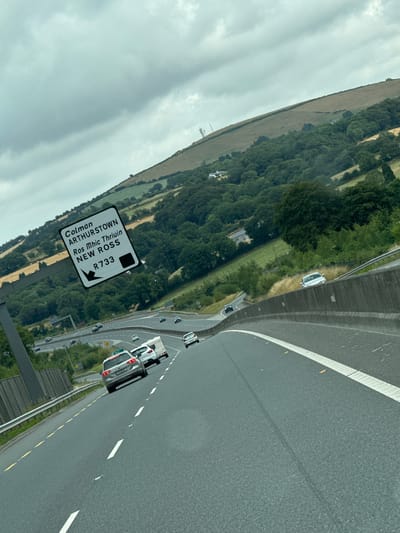 The image is a roadside view of a highway in the New Ross Municipal District, Ireland, taken from a moving vehicle. A large, black and white directional sign is prominently displayed, indicating "Colman Arthurstown", "Ros Mhic Thruin", and "NEW ROSS" with an arrow pointing left towards "R733". The highway is multi-lane with concrete barriers and guardrails. Several cars and a caravan are visible on the road, all moving in the same direction. The surrounding landscape is hilly and green, covered with trees and fields, with a cloudy sky overhead. A few cell towers are visible on the distant hills. The perspective suggests the photograph was taken from the passenger seat or dashboard of a vehicle.