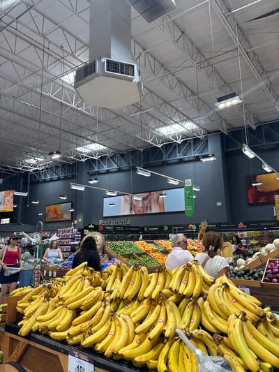Here is a detailed description of the image:
The image depicts the interior of a supermarket in Veracruz, Mexico. The foreground is dominated by a large display of ripe bananas, stacked high in bunches. Patrons, including a woman with brown hair and wearing a black shirt, reach for bananas from the display. In the background are other grocery items, including citrus fruits and green produce. People can be seen shopping in the aisles, with one wearing a red top and another a blue top. Store signage is visible, with words like "Farmacia", "Perfumería," "Orgánicos," and "Ensaladas". The text "VIVE bella" and "Woffer tones" can be seen on smaller posters. Overhead, the supermarket has a high ceiling with exposed metal framework and industrial lighting fixtures. An air conditioning unit is also visible.