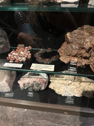 The image displays a museum exhibit of minerals behind a glass case. Several distinct rock specimens are visible, each with a small label identifying it. In the foreground, to the left, is a large, pale, crystalline rock. To the right of this is a specimen of white and pink crystals, also with a label. Further back, on the left, is a pile of small, reddish-pink, tumbled stones. Next to these is a piece of jewelry featuring multiple circular metal ornaments with reddish-orange stones. To the right of the jewelry is a large, rough, brown mineral specimen with a label. Directly below this, on the shelf, is a light-colored, crystalline mineral formation with a label. On the far right, a large, pale, layered mineral formation is visible with a label below it.
The labels on the specimens provide specific information:
- "CALCIT (Kalkspat) Artenberg, STEINACH"
- "QUARTZ (Geode) Gaisberg, SCHWIGHÄUSEN"
- "DOLOMIT auf Calcit Artenberg, STEINACH"
- "FELDSPAT (Orthoklas) Quarz, Muskovit NIEDERWASSER"
- "Getrommelte Karneole aus einem Steinbruch am Hirzwalld bei Triberg"
- "Karneol – Armband silbervergoldet 99 Karneol geschliffen Wittichen"
The reflections on the glass indicate the presence of people and lighting. A person with blonde, curly hair is visible reflected in the top portion of the glass, appearing to be standing behind the exhibit. The overall environment suggests an indoor display, likely a museum or a geological exhibition. The city of Schonach im Schwarzwald is mentioned as the location, and the labels themselves indicate specific geographical origins for some of the specimens, such as Triberg, Artenberg, Steinach, Gaisberg, Schwighausen, and Niederwasser, all locations within or near the Black Forest region of Germany.