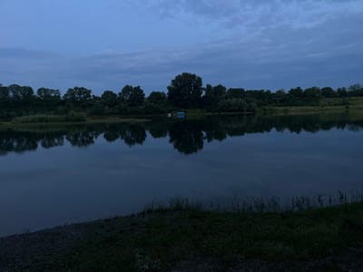 The image depicts a body of water reflecting a tree-lined shore under a twilight sky. The water's surface is calm, showing distinct reflections of the trees and clouds. The sky is a deep blue with scattered grey clouds. On the shore, a dense line of trees forms the background, with varying heights and types of foliage. In the middle distance, near the shore, there are two small blue objects floating on the water, possibly boats or buoys. The foreground shows a grassy bank with some scattered rocks and vegetation. The overall scene conveys a peaceful, natural environment at dusk. This location is in Coșnița, Moldova.